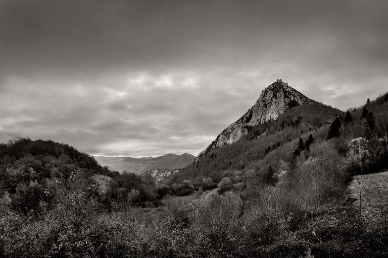 View of Cathar castle Montségur, France.