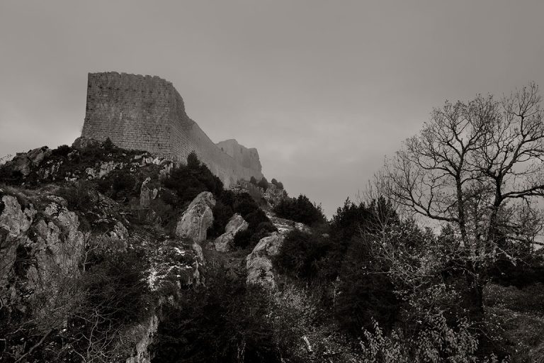 View of the Cathar castle Montségur, France.