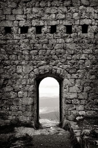 Gate of the Cathar castle Montségur, France.