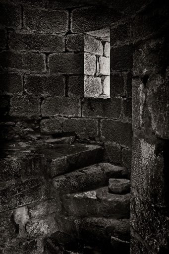 Stairway and window in the Cathar castle Montségur, France.