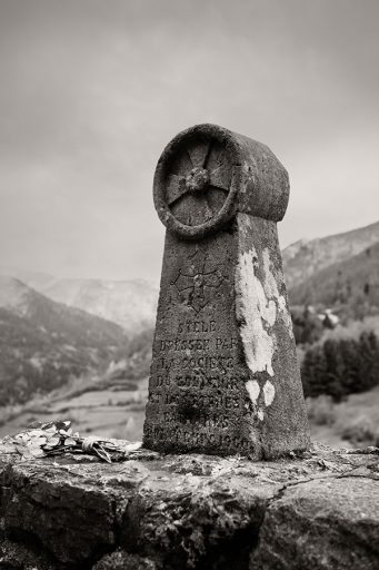 Cross at the foot of Cathar castle Montségur in France