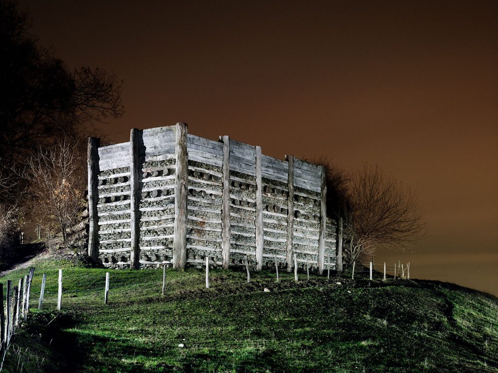 Reconstruction of a rampart of the celtic Oppidum Bas-Vully on Mount Vully, Switzerland