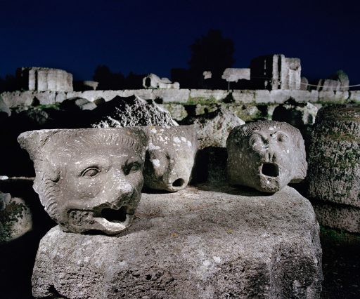 Ancient Olympia. Lion heads, once part of the Temple of Zeus.