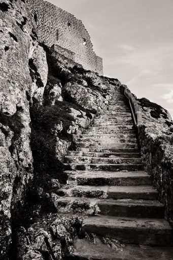 Steep staircase in the Cathar castle Peyrepertuse, France.