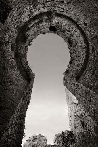 Tower against the sky in the Cathar castle Puilaurens, France.