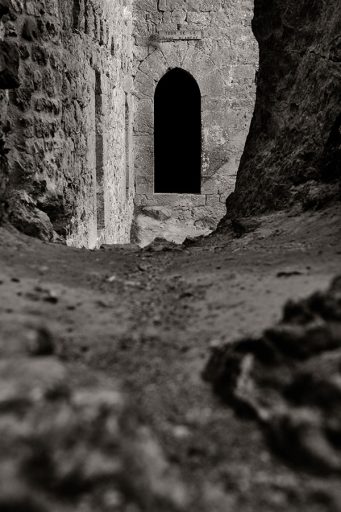 Door or portal in the Cathar castle Puilaurens, France.