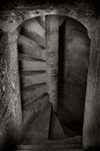 Stairway in the Cathar castle Quéribus, France.