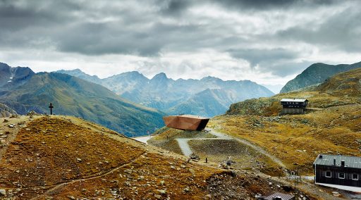Pass summit of the Timmelsjoch, border between Austria and Italy