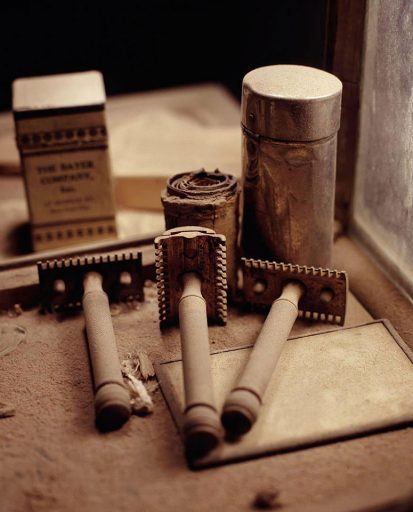 Razor in the shop window of Boone Store and Warehouse in the ghost town Bodie in California