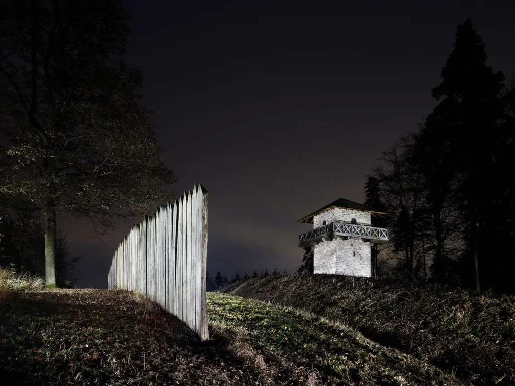 Rekonstruierter Limesabschnitt mit Holzpalisade, Wall, Graben und steinernem Wachturm auf dem Heidenbuckel