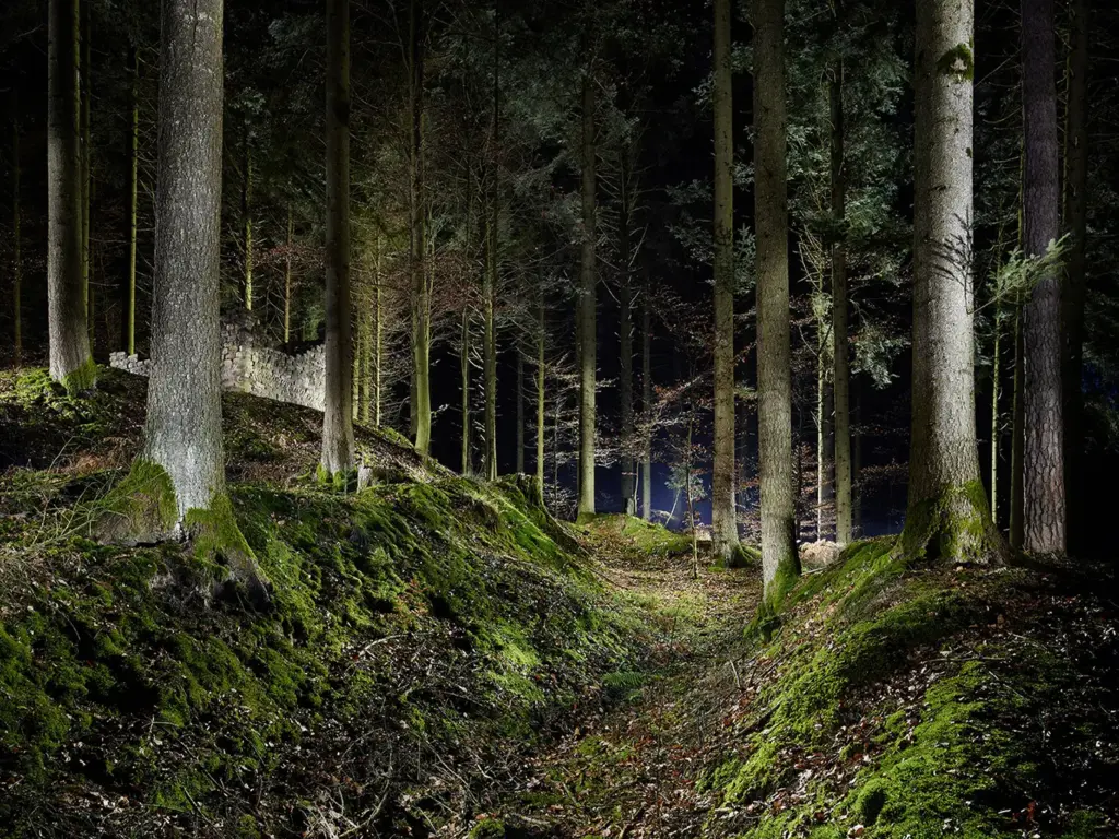 Limes Grenze im Wald bei Siegelsberg nahe Murrhardt. Oberhalb des Graben und Wall, der hier schnurgerade den Hang durch den Wald verläuft, befindet sich der Steinturm von Wachtposten WP 9/91 „Hirschreute“.