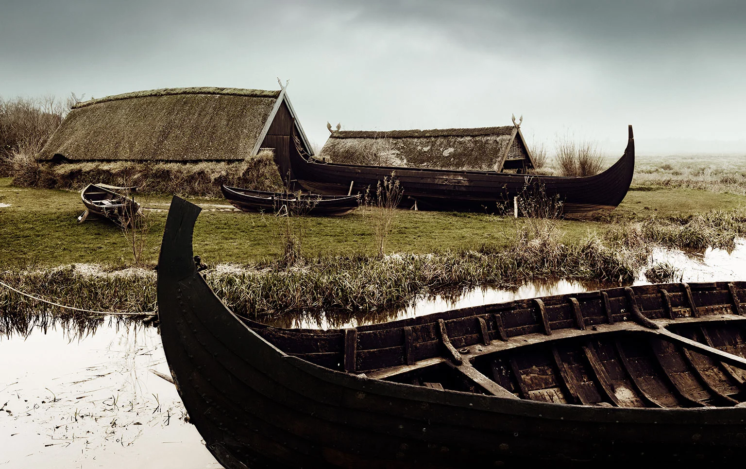 Bork Vikingehavn, ships and boathouses at the Viking harbour in Bork