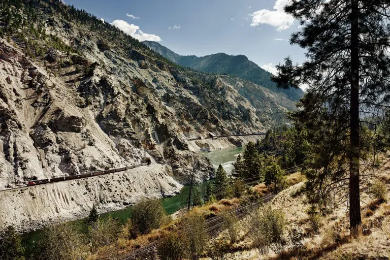 Train along the Thompson River in British Columbia in Canada