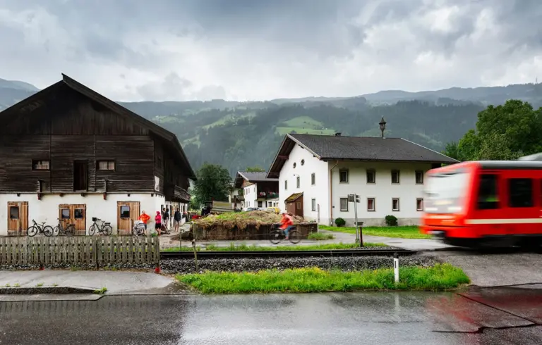 Route of the Zillertal Railway along the village street of Aschau im Zillertal