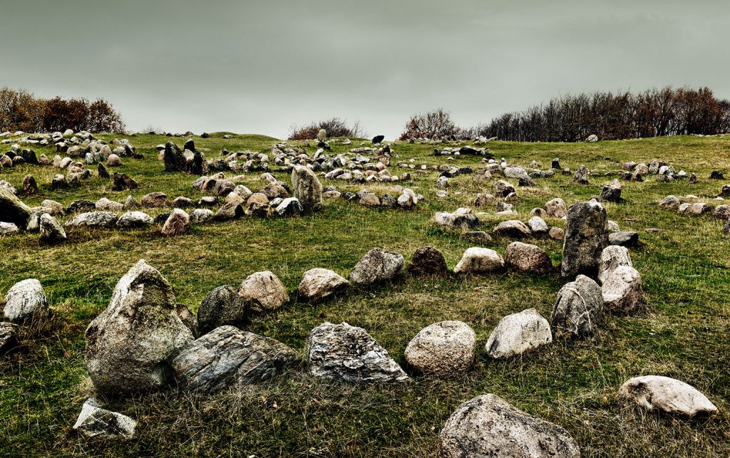 Stone ships of Lindholm Hoje, a major Viking burial site, Denmark.