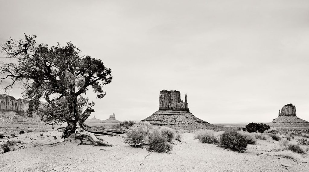 Monument Valley and the rock formations West Mitten Butte and East Mitten Butte.