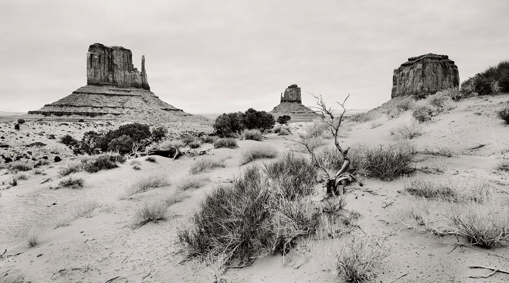 Monument Valley and the three rock formations West Mitten Butte, East Mitten Butte and Merrick Butte.