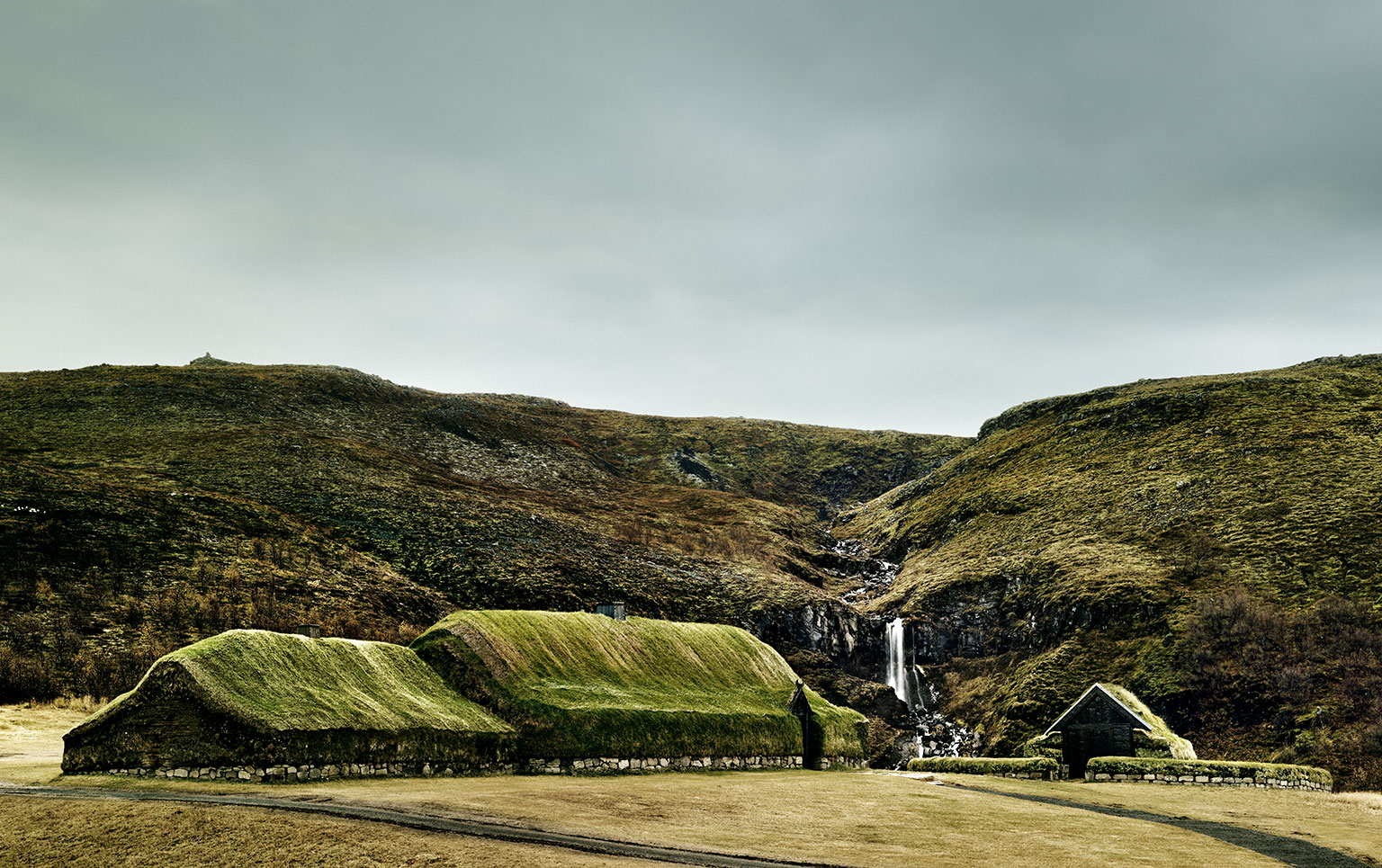 View of the grass covered viking farmstead Stoeng in Iceland.